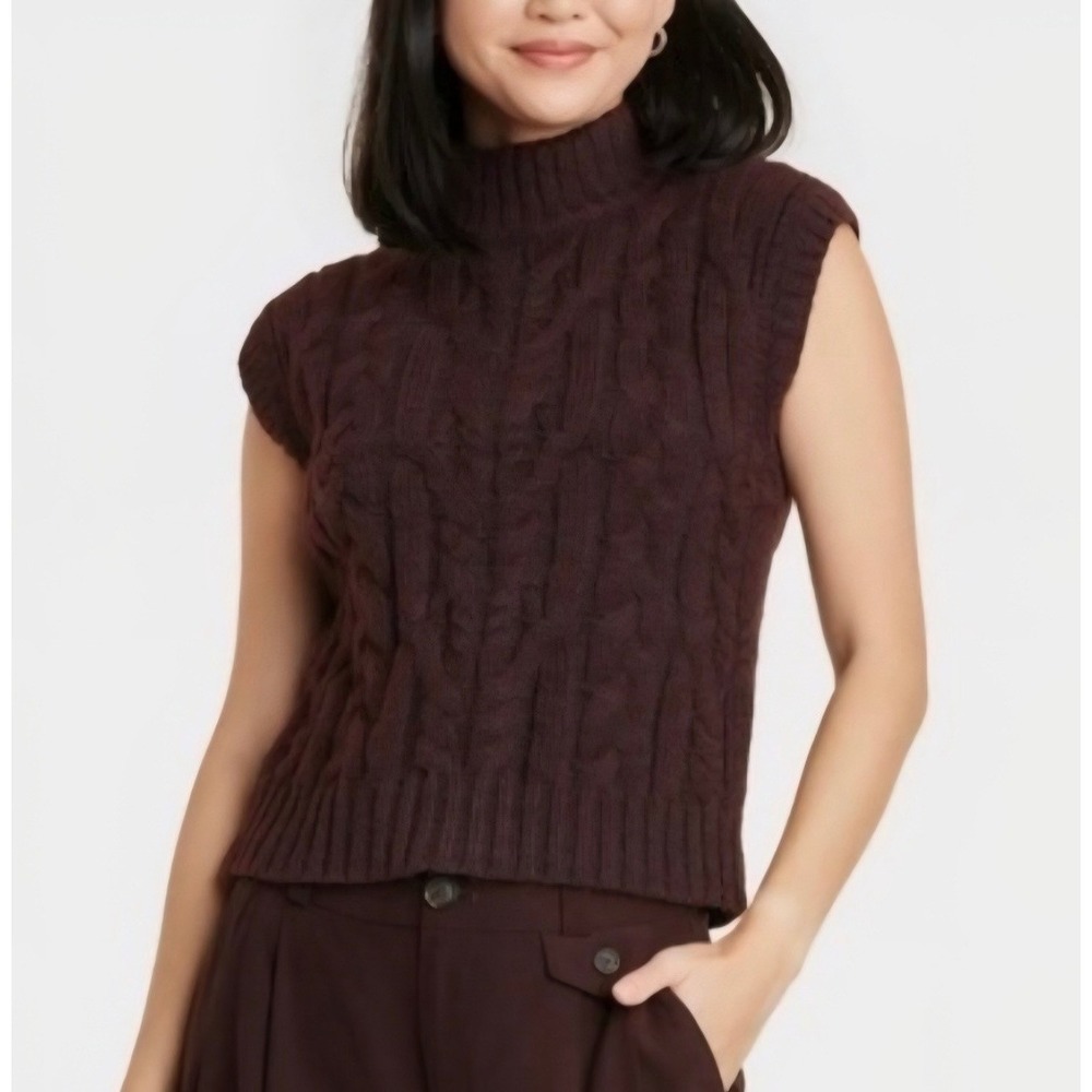 NWT A New Day Womens Cable Knit Mock Neck Sweater Vest Dark Brown Preppy